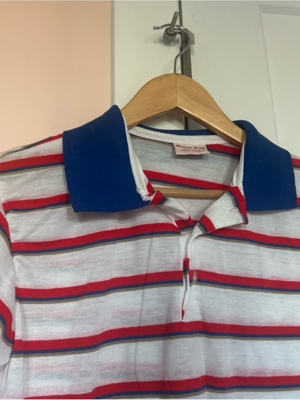 Vtg Michael Scott Polo Shirt M Red Blue Striped Slim Retro 80s Patriotic USA - Picture 2 of 8